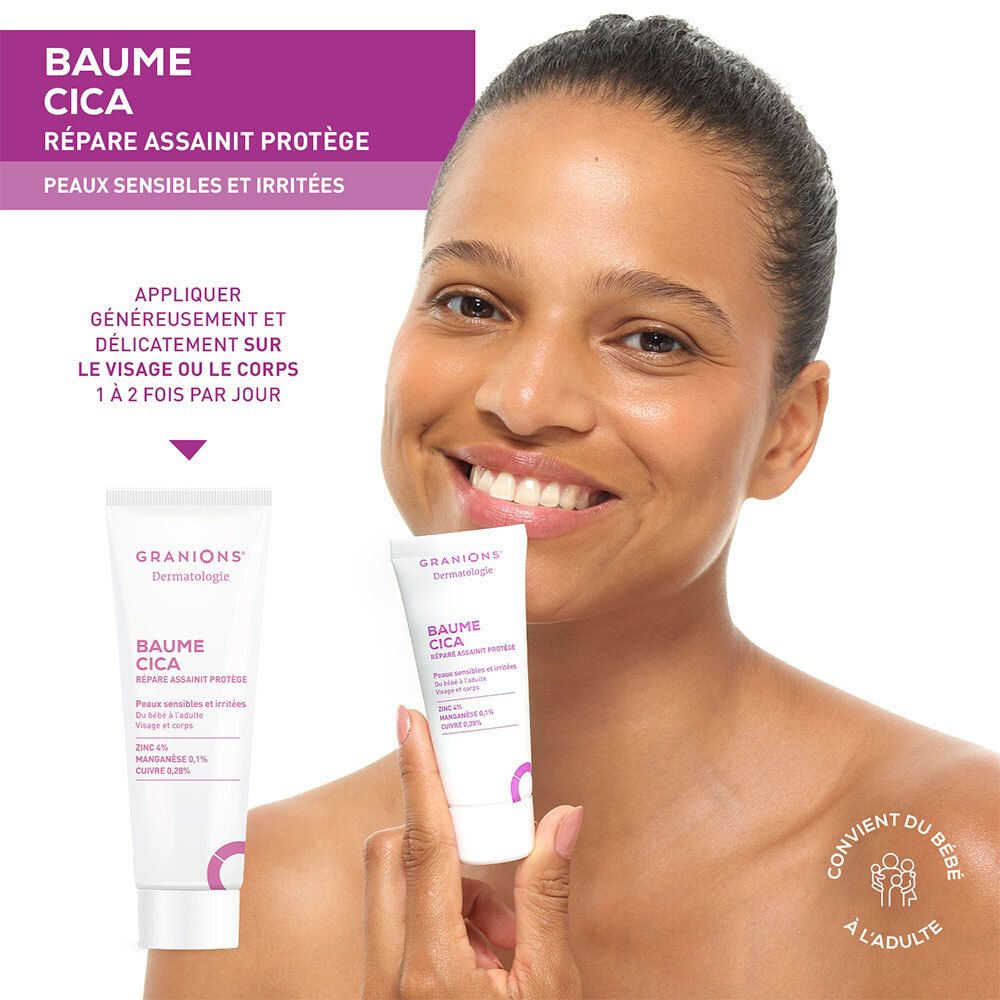 Femme tenant deux tubes de crème. Inscription : Baume Cica. Pour peaux sensibles. Pour bébés et adultes. Convient visage et corps.