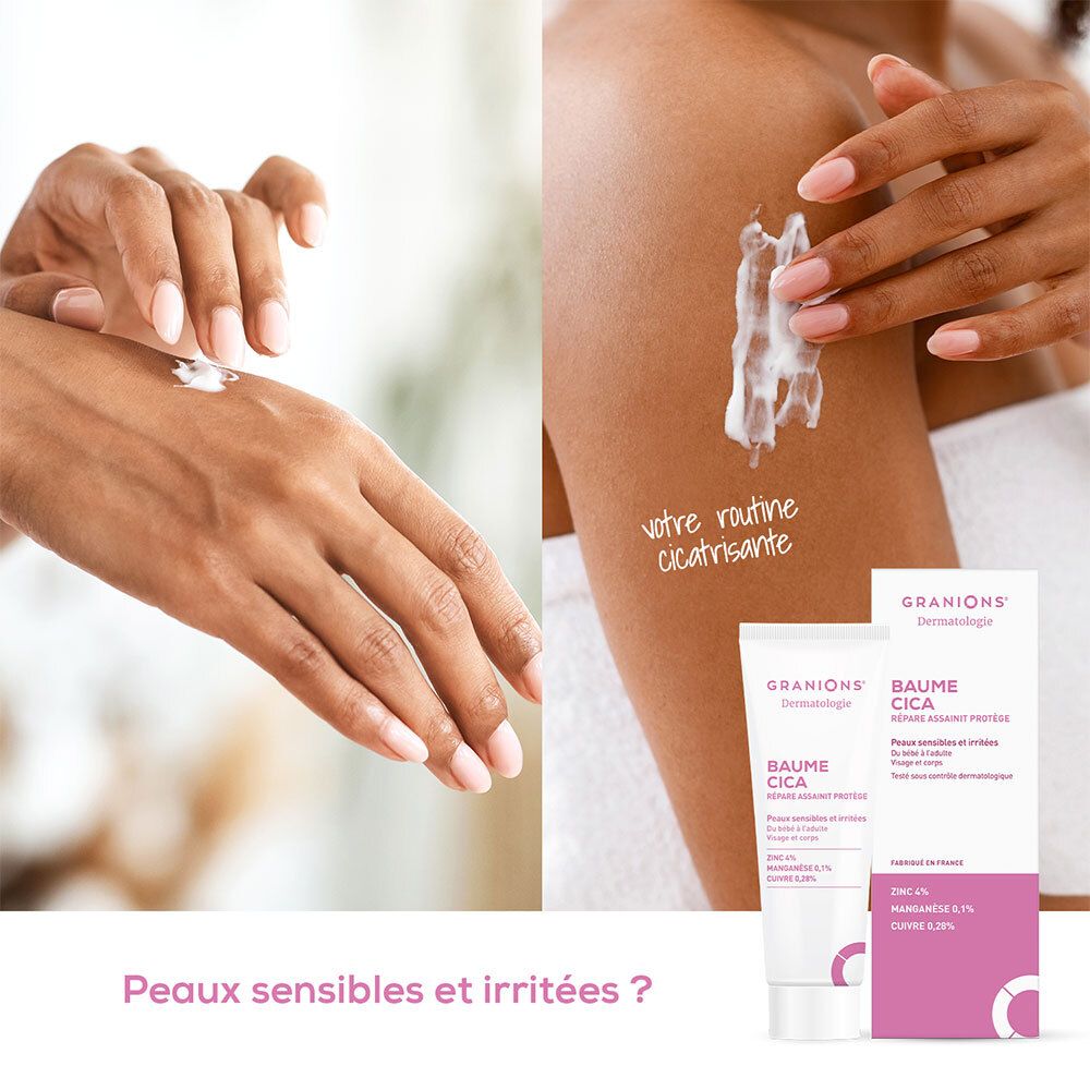 Mains appliquant de la crème. Inscription : Baume Cica. Pour peaux sensibles. Votre routine cicatrisante. Pour peaux sensibles et irritées.