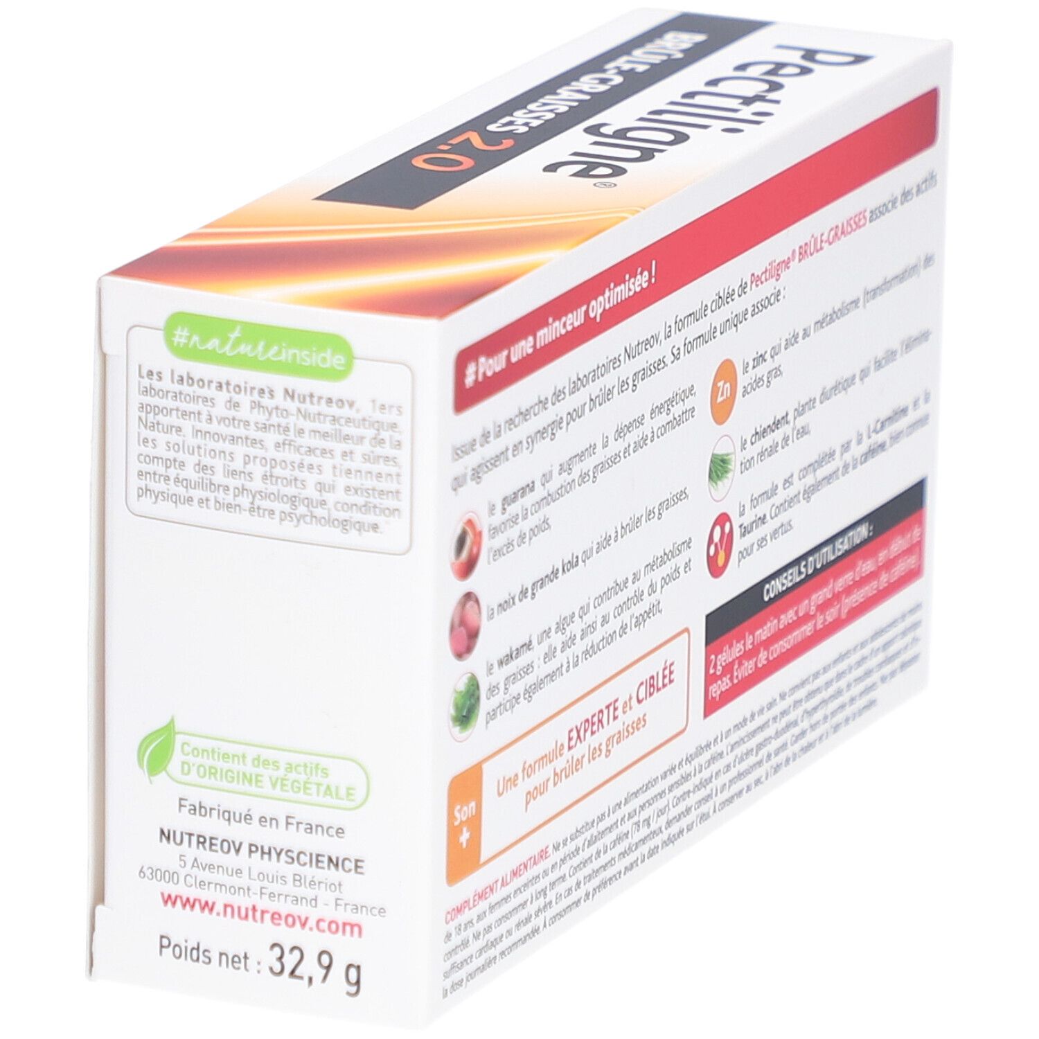 Dos de la boîte Pectiligne 2.0. Texte : #Pour une minceur optimisée! Fabriqué en France. Poids : 32,9 g.