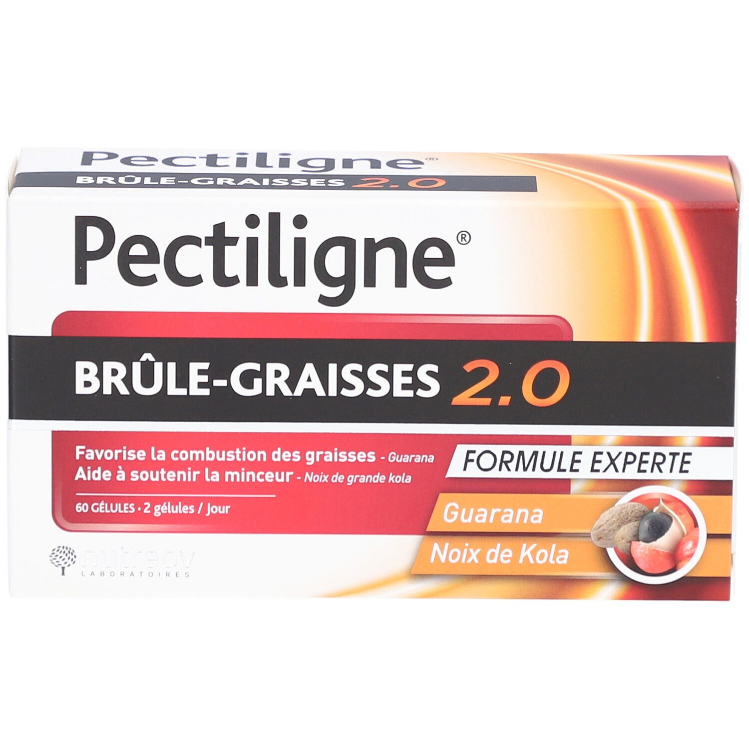 Boîte de Pectiligne 2.0. Inscription BRÛLE-GRAISSES 2.0. Contient guarana et noix de kola. 60 gélules.