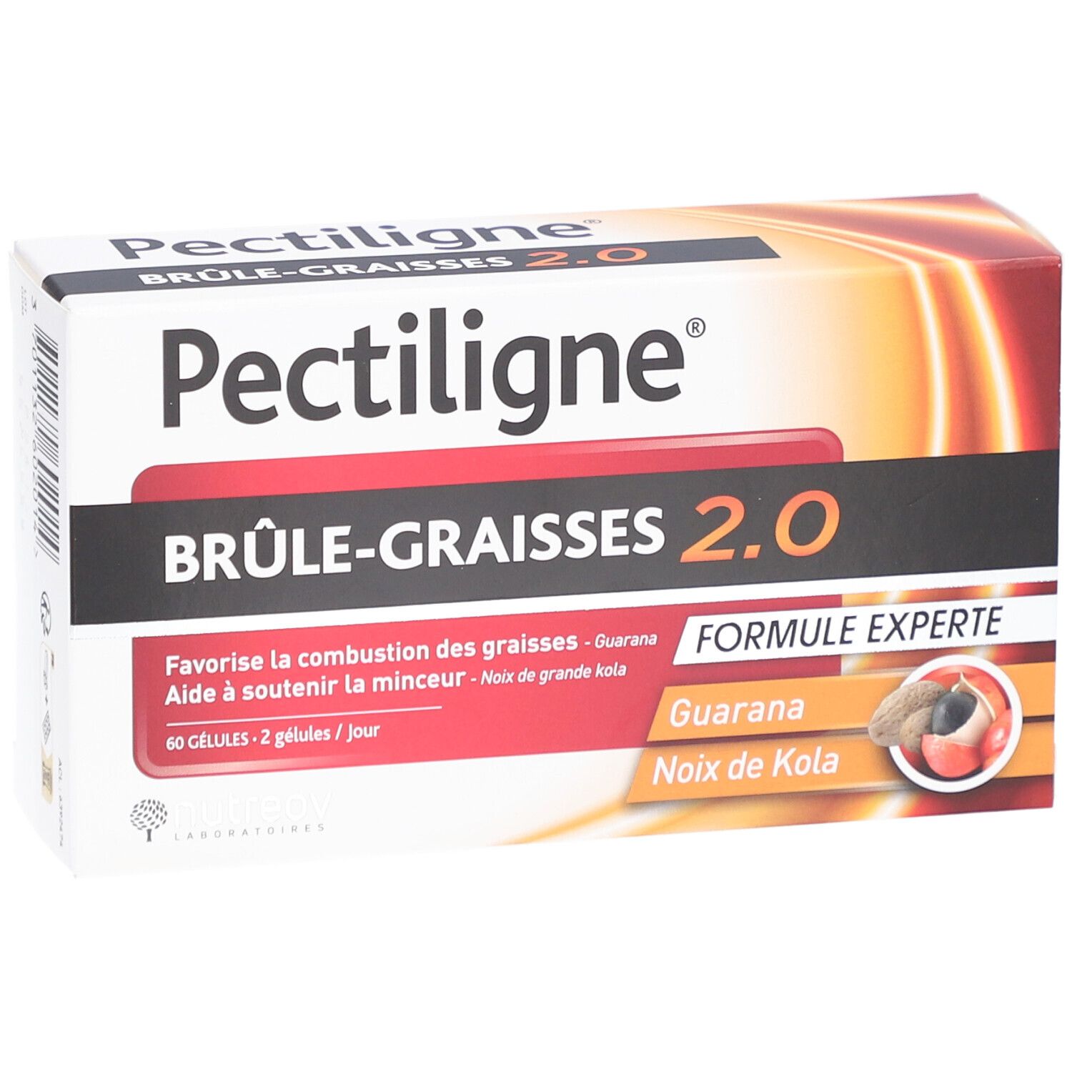 Boîte de Pectiligne 2.0. Inscription BRÛLE-GRAISSES 2.0. Contient guarana et noix de kola. 60 gélules.