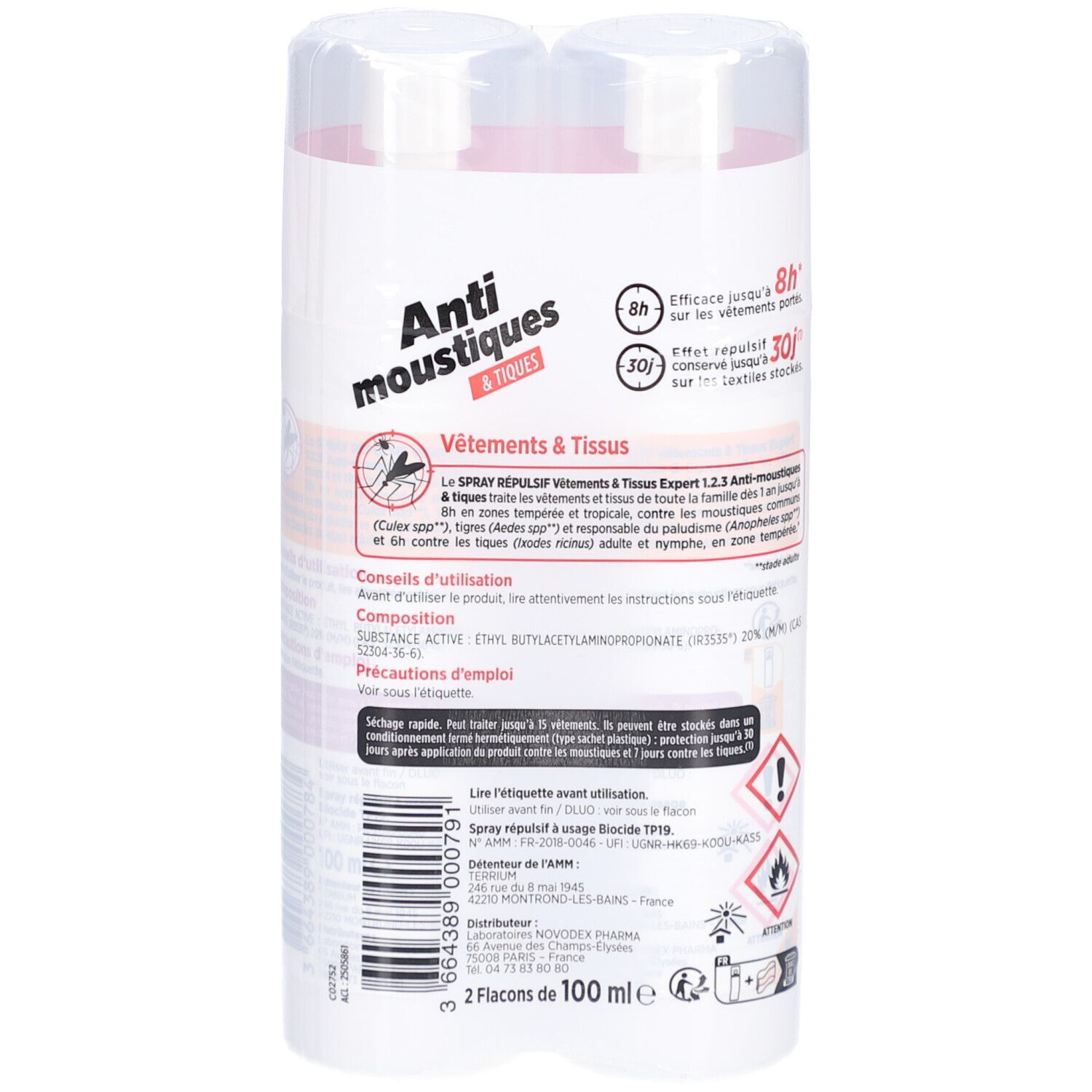 EXPERT 123 Spray répulsif anti-moustiques vêtements et tissus 2X100ml