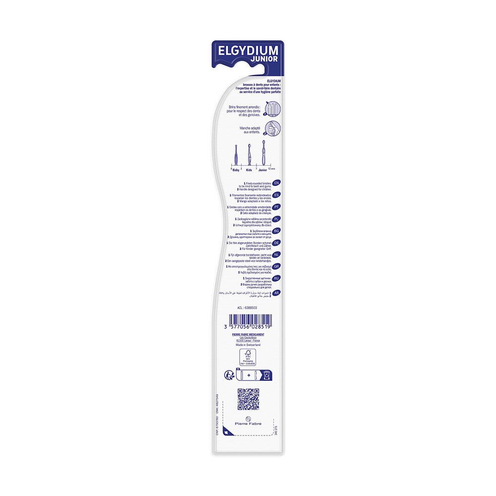 Dos de l'emballage. Informations multilingues. Illustrations de la brosse à dents. Code-barres et QR code.