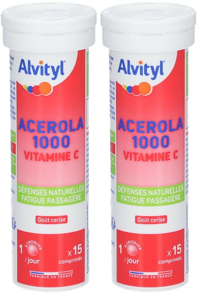 Deux flacons cylindriques avec bouchon blanc. Inscription: Alvityl, Acerola 1000 Vitamine C. Texte: Défenses naturelles, Fatigue passagère. Goût cerise.