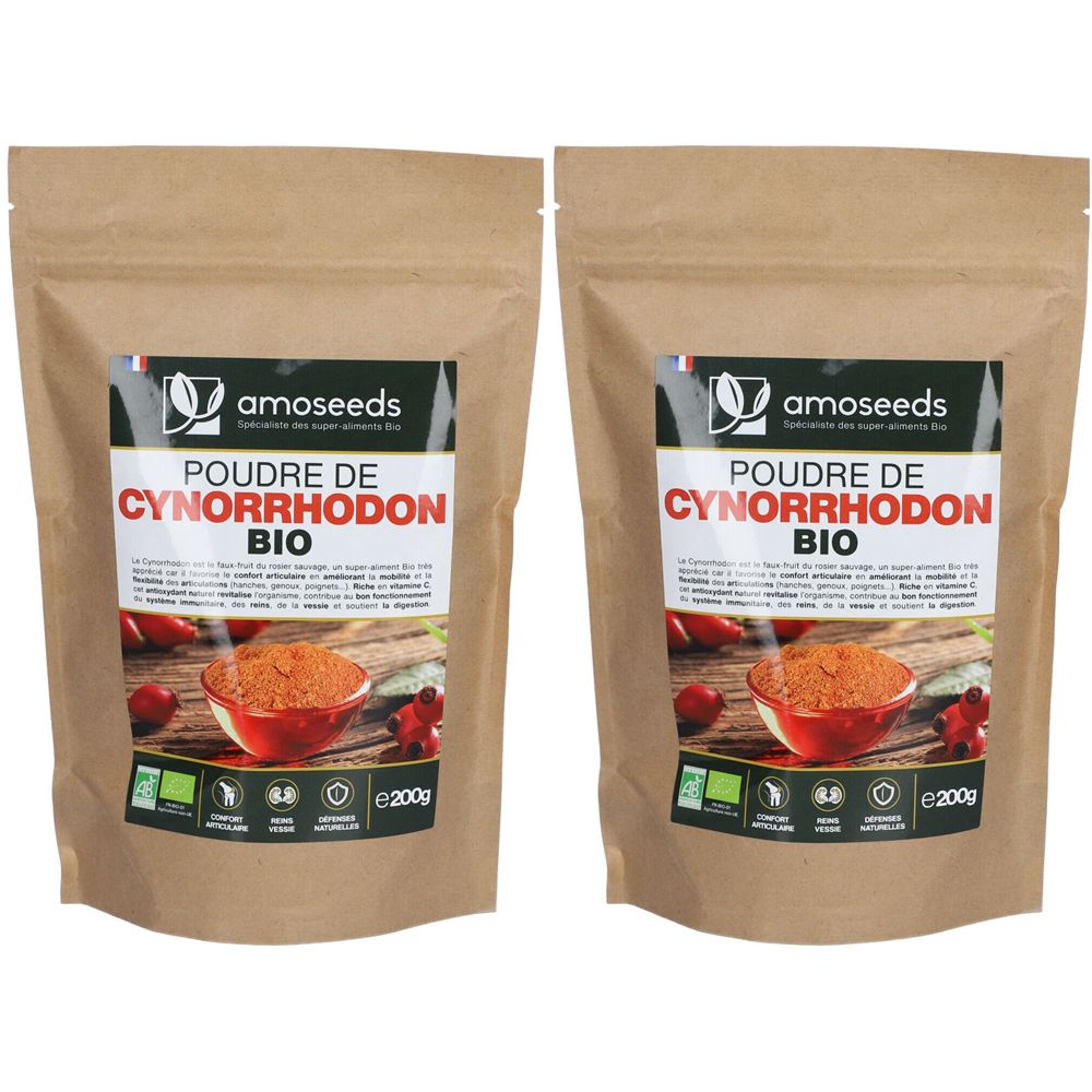 Deux sachets de poudre de cynorrhodon BIO AMOSEEDS. Emballage en papier brun avec étiquette. Inscription : Poudre de Cynorrhodon BIO. Label bio.