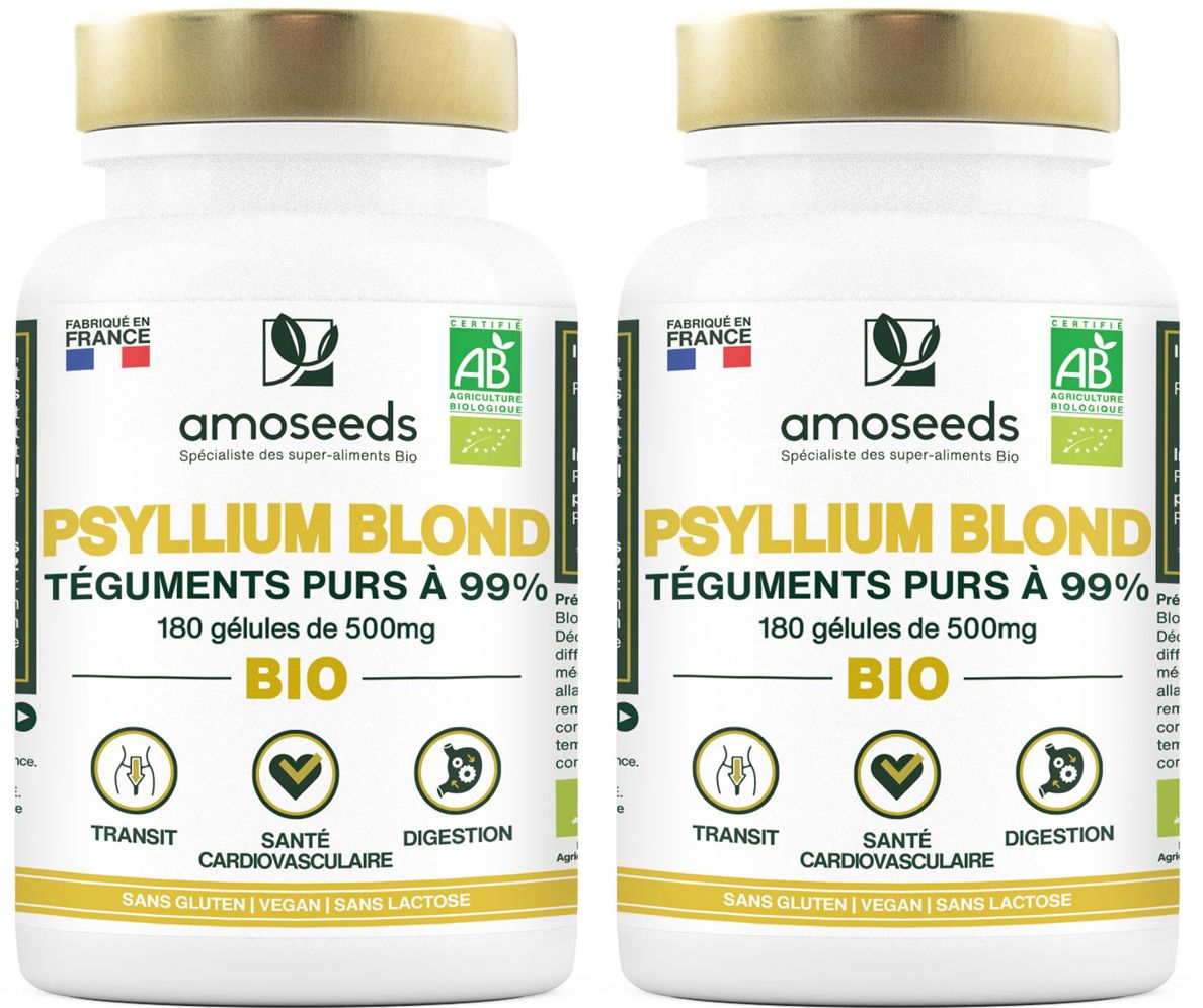 Deux flacons blancs avec couvercles dorés. Inscription: amoseeds PSYLLIUM BLOND BIO, 180 gélules, certification bio, sans gluten, vegan, sans lactose.