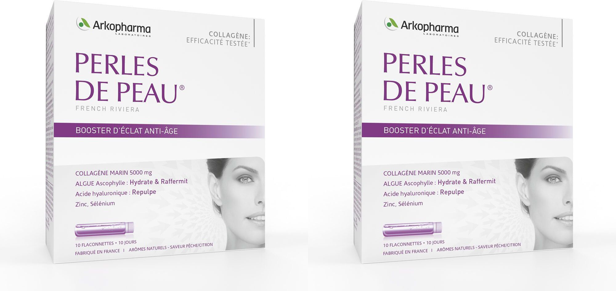 Deux boîtes de "PERLES DE PEAU" d'Arkopharma. Texte: "BOOSTER D'ÉCLAT ANTI-ÂGE". Contient des informations sur le collagène.