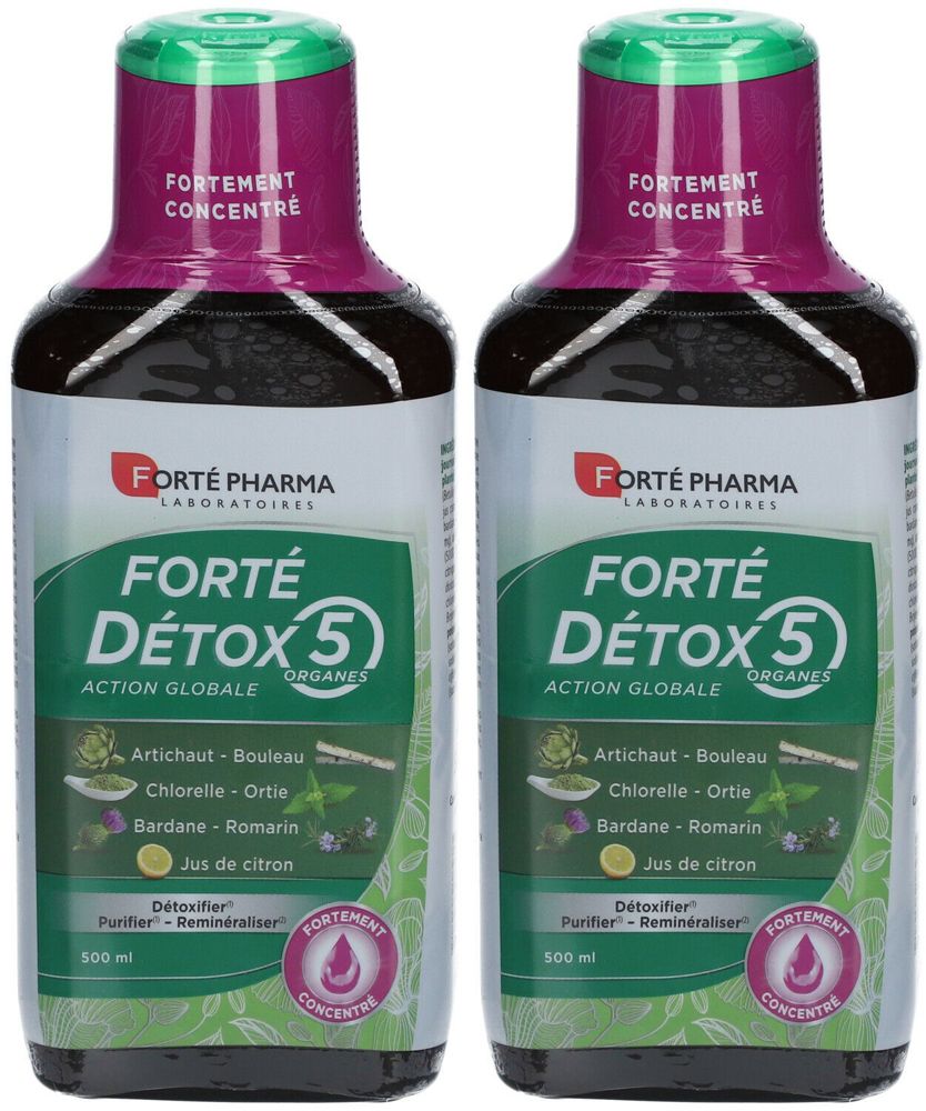 Deux flacons de FORTÉ DETOX 5 ORGANES. Étiquette verte et violette avec nom et ingrédients. 500 ml.