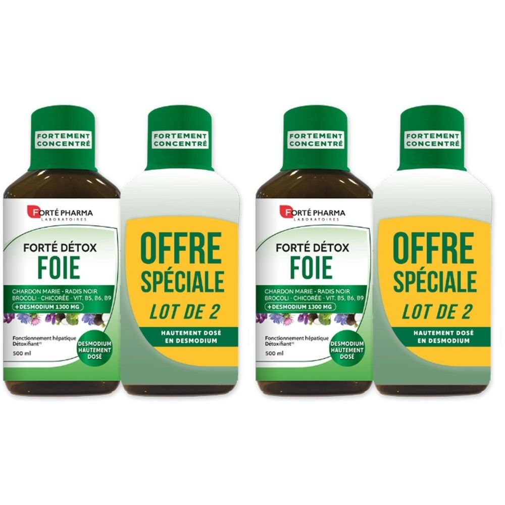 Quatre flacons de Forté Pharma FORTÉ DÉTOX FOIE. Bouteilles vertes et blanches avec bouchons verts. Inscription : FORTÉ DÉTOX FOIE, Offre Spéciale, Lot de 2.
