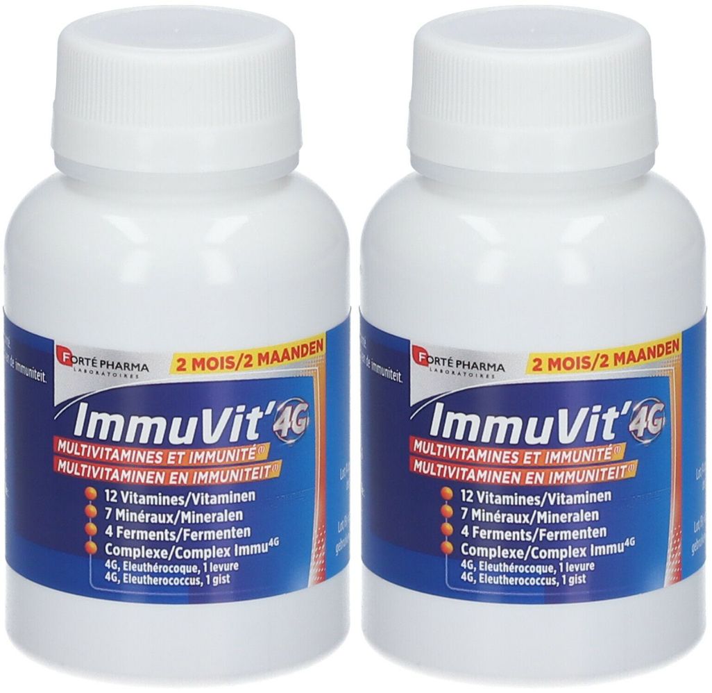 Deux flacons blancs avec bouchons à vis. Étiquettes bleues avec nom du produit ImmuVit'4G et informations. Marque Forté Pharma.
