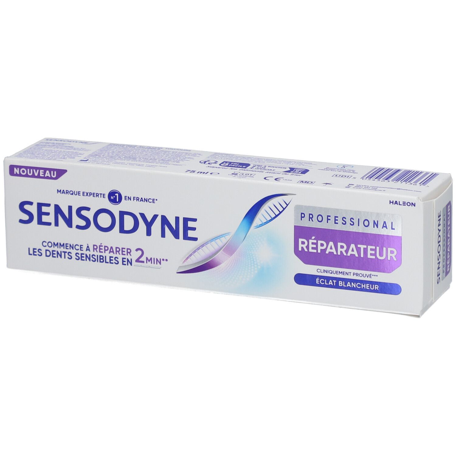 Emballage de dentifrice Sensodyne. Texte: Professionnel Réparateur, Eclat Blancheur. Blanc, bleu, violet.