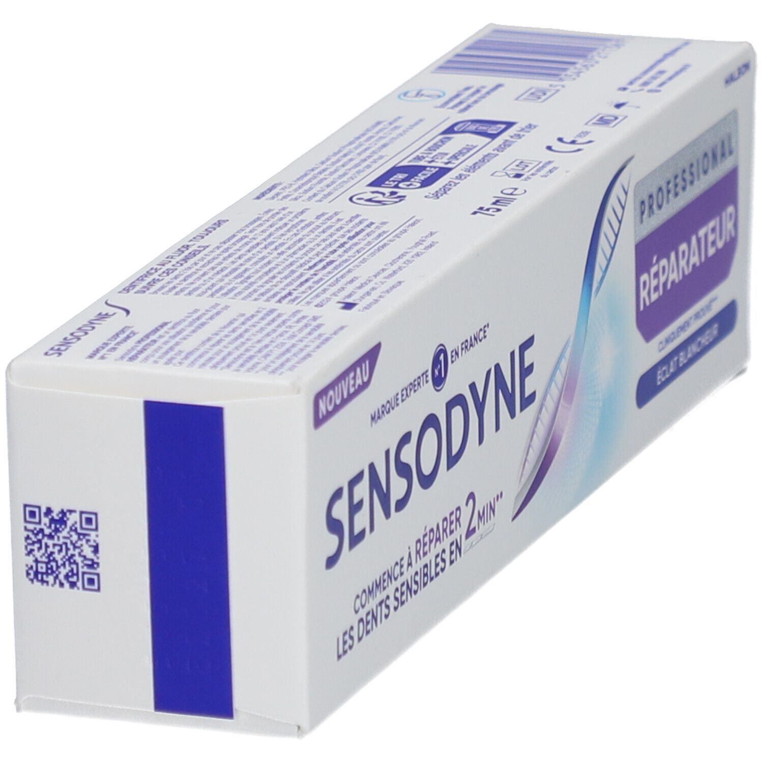 Vue latérale de l'emballage de dentifrice Sensodyne. Texte: Professionnel Réparateur. Blanc, bleu.