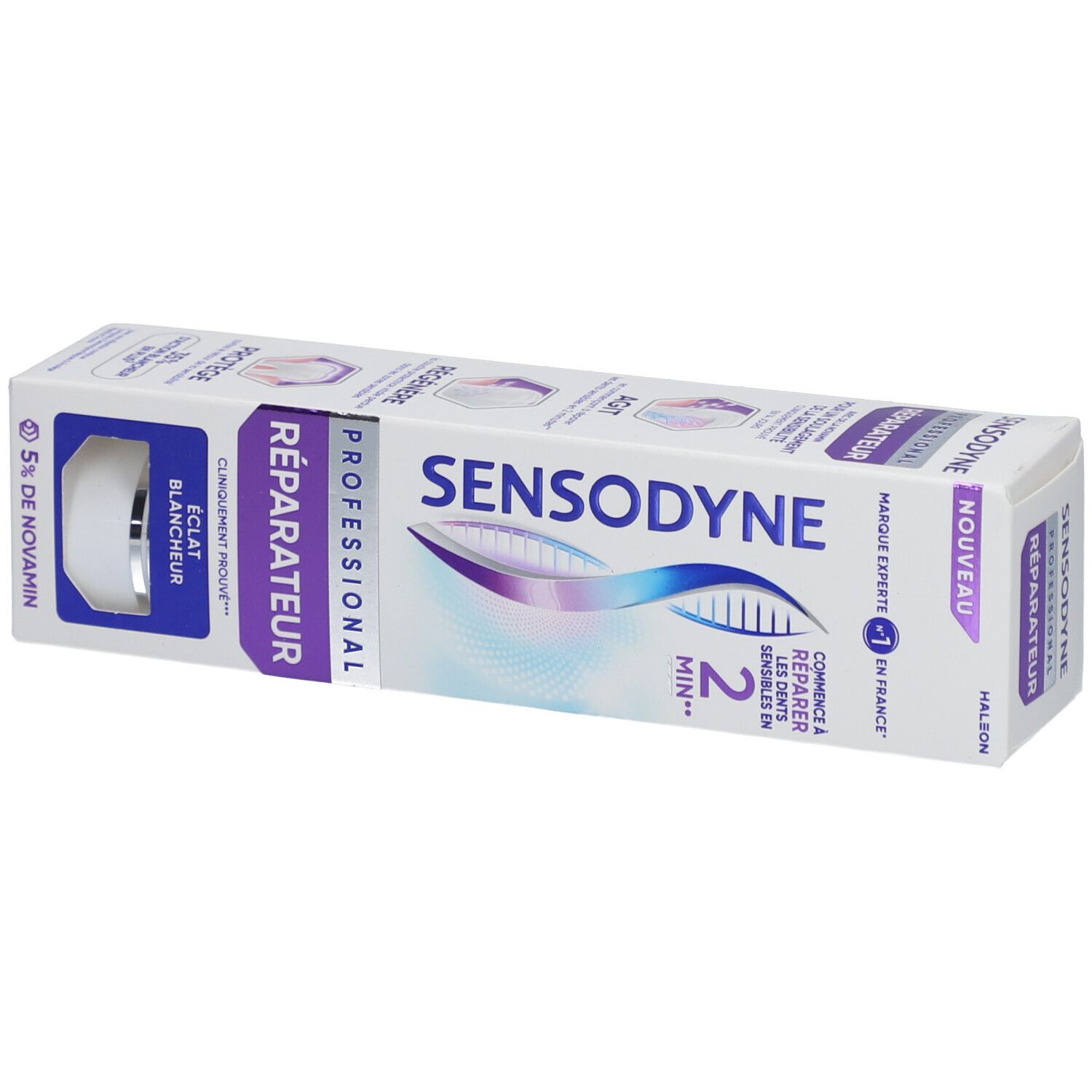 Emballage de dentifrice Sensodyne. Texte: Professionnel Réparateur, Eclat Blancheur. Blanc, bleu, violet.