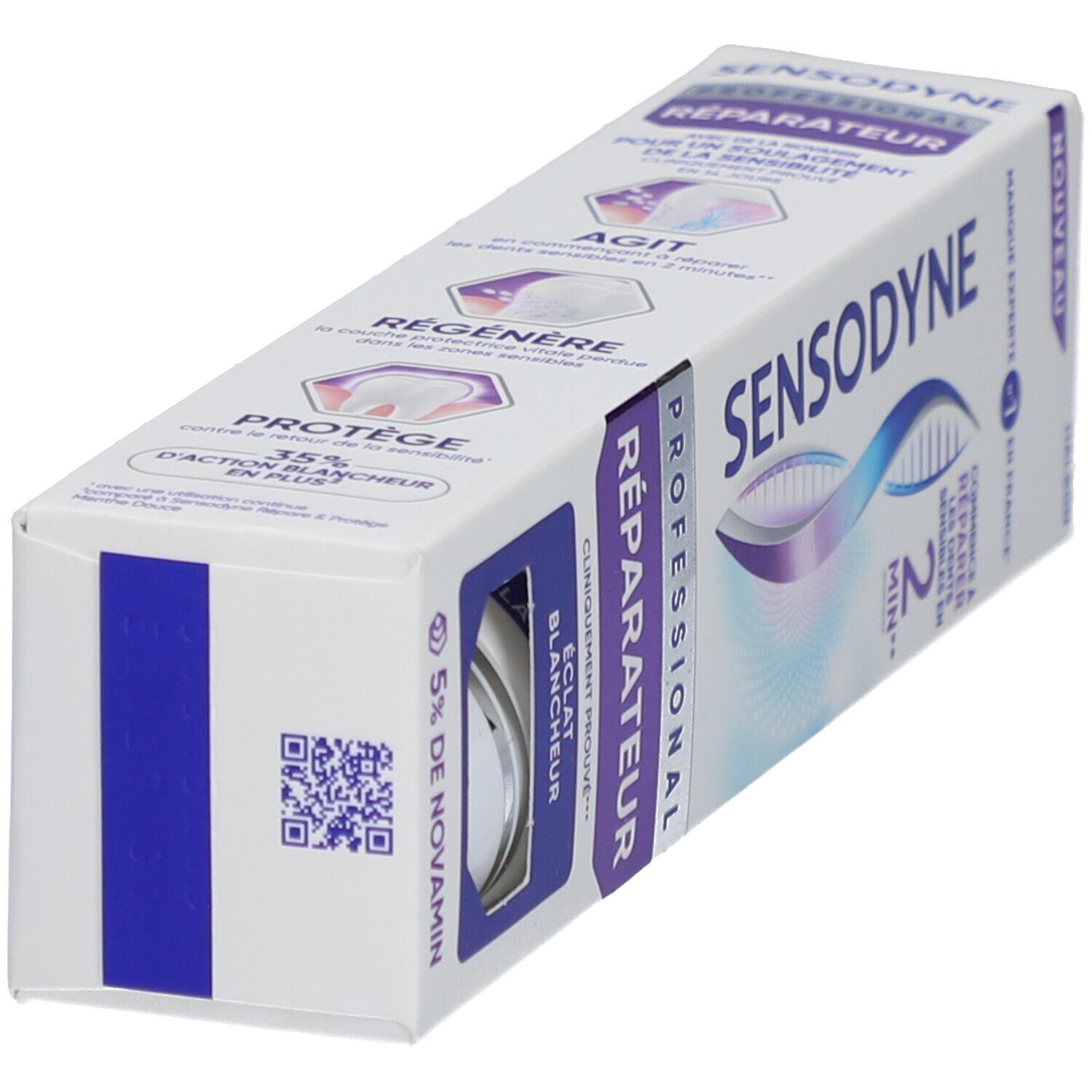 Emballage de dentifrice Sensodyne en biais. Texte: Professionnel Réparateur. Blanc, bleu, violet.