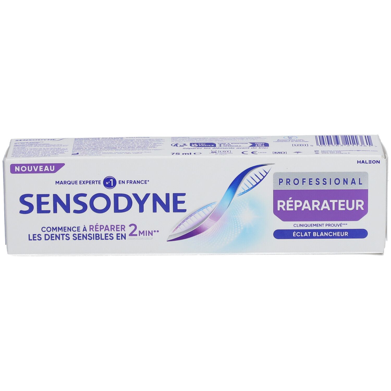 Emballage de dentifrice Sensodyne. Texte: Professionnel Réparateur, Eclat Blancheur. Blanc, bleu, violet.
