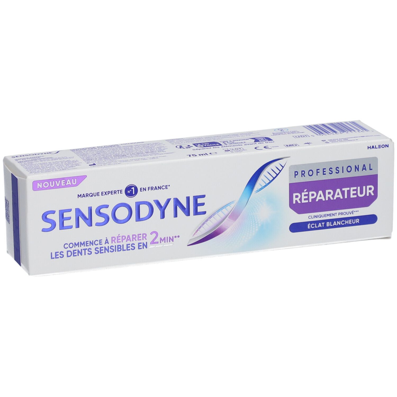 Emballage de dentifrice Sensodyne. Texte: Professionnel Réparateur, Eclat Blancheur. Blanc, bleu, violet.