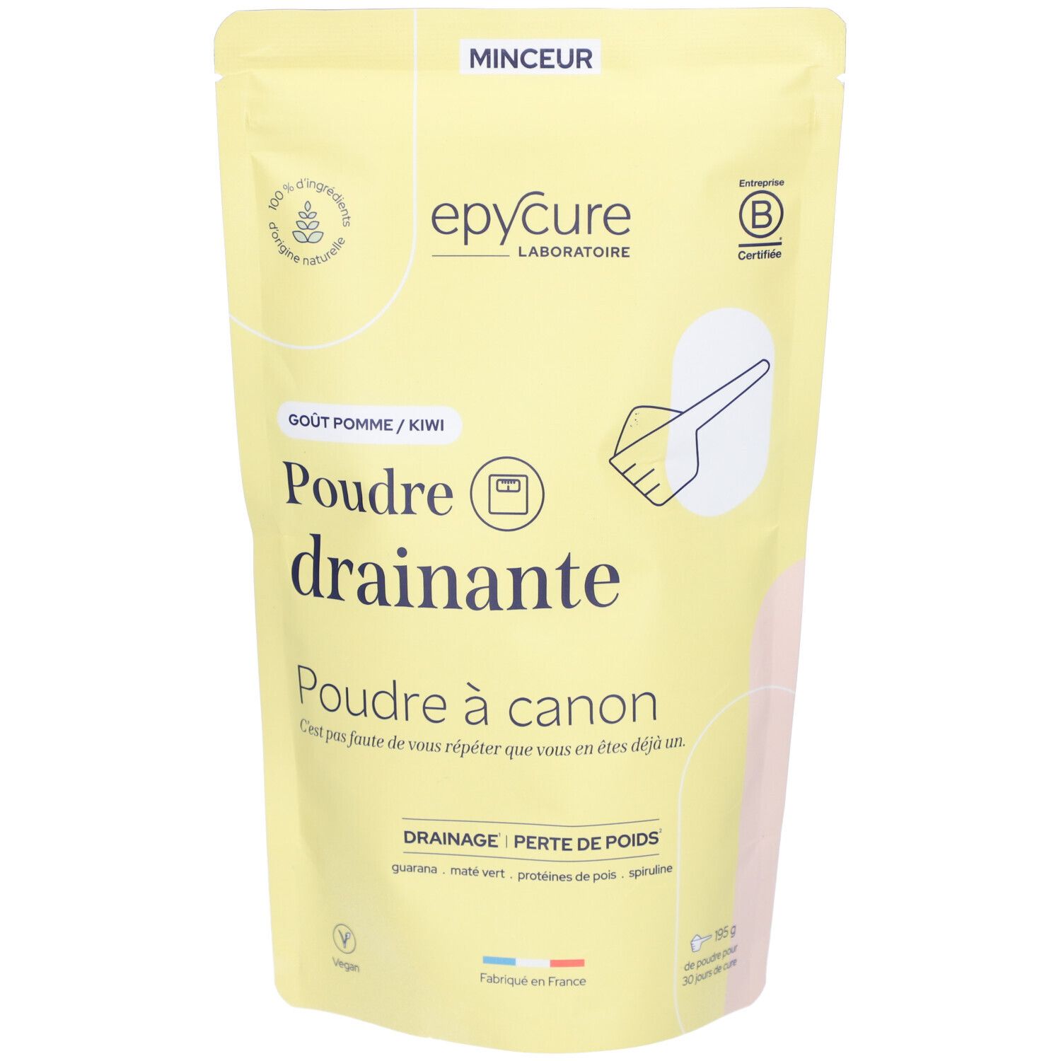 Sachet jaune avec texte. Logo "epycure", "Poudre drainante" et "Goût pomme / kiwi". Certifications et sceaux.