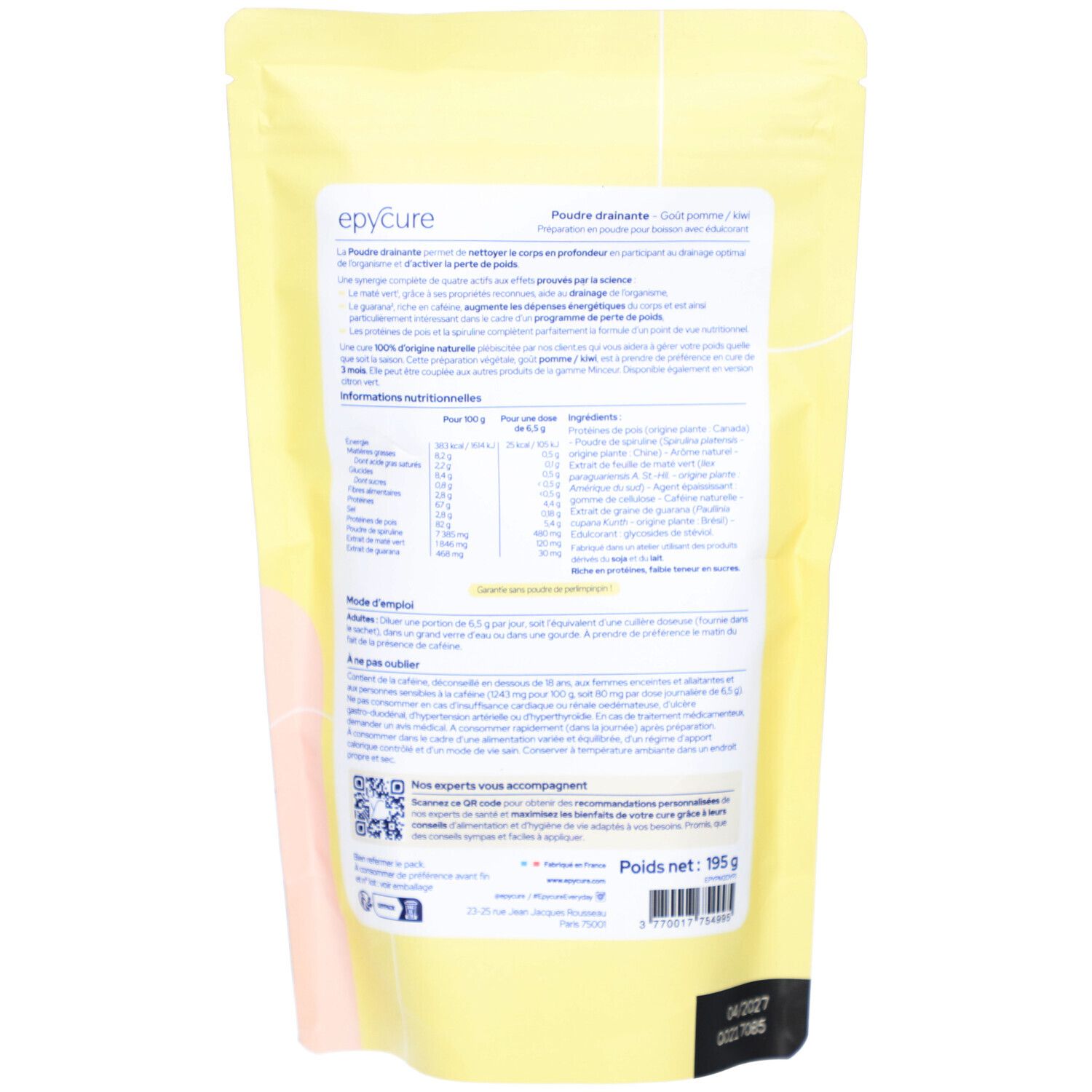 Dos du sachet jaune. Texte avec informations nutritionnelles et ingrédients. Logo "epycure". Poids net: 195g.