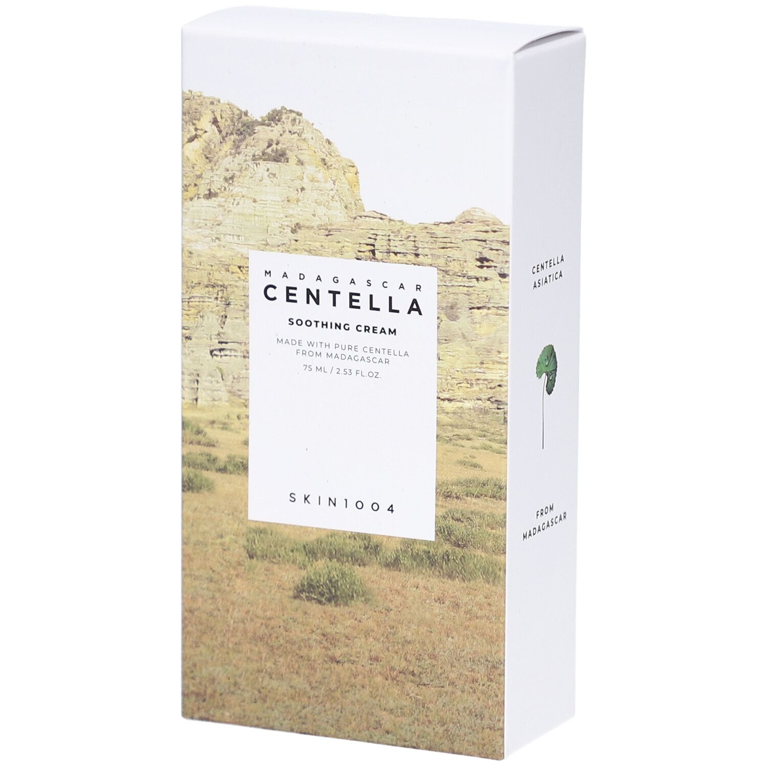 Boîte blanche avec nom du produit et paysage. Texte: Madagascar Centella Soothing Cream.