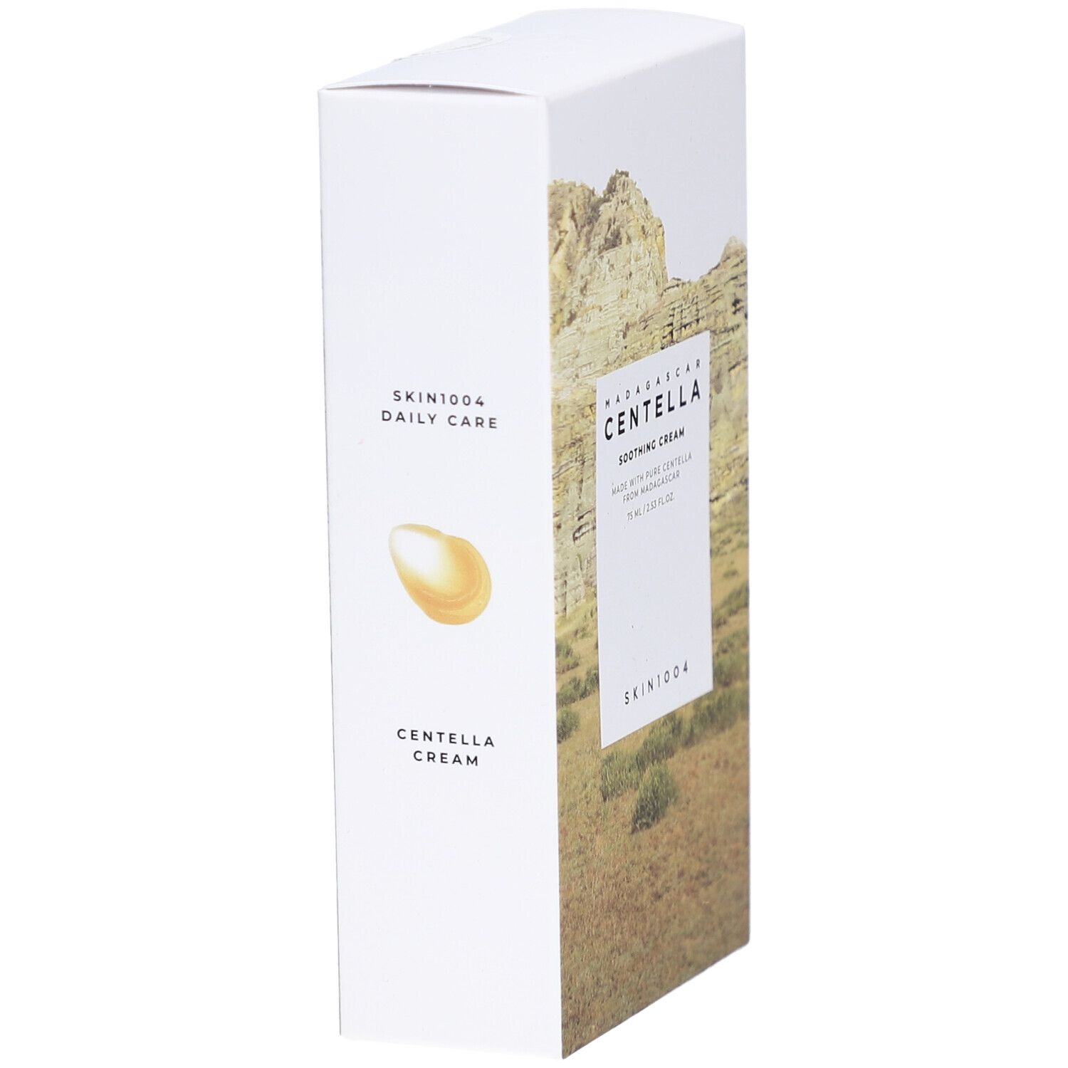 Boîte blanche avec nom du produit et paysage. Texte: Centella Cream, SKIN1004.