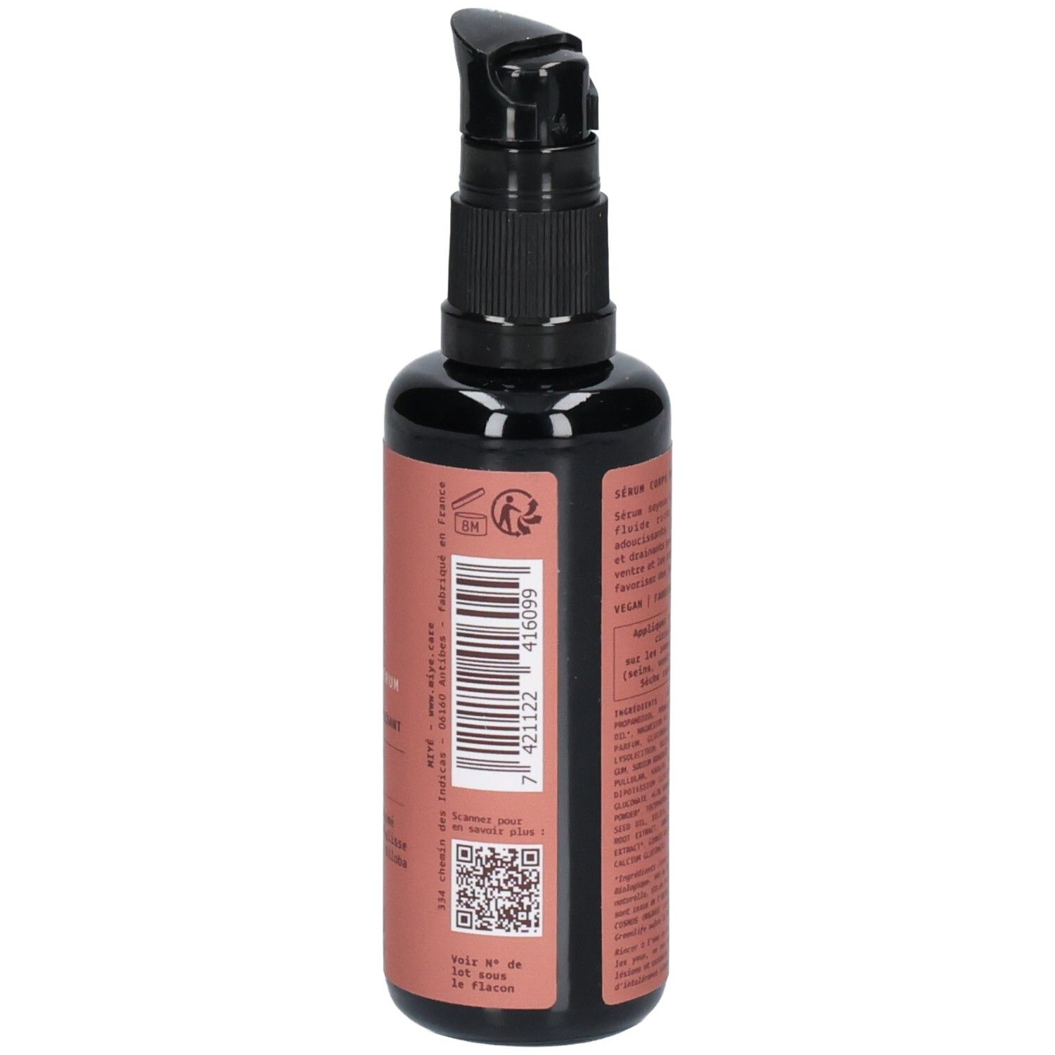 Côté d'un flacon noir avec pompe, étiquette avec code-barres et QR code.
