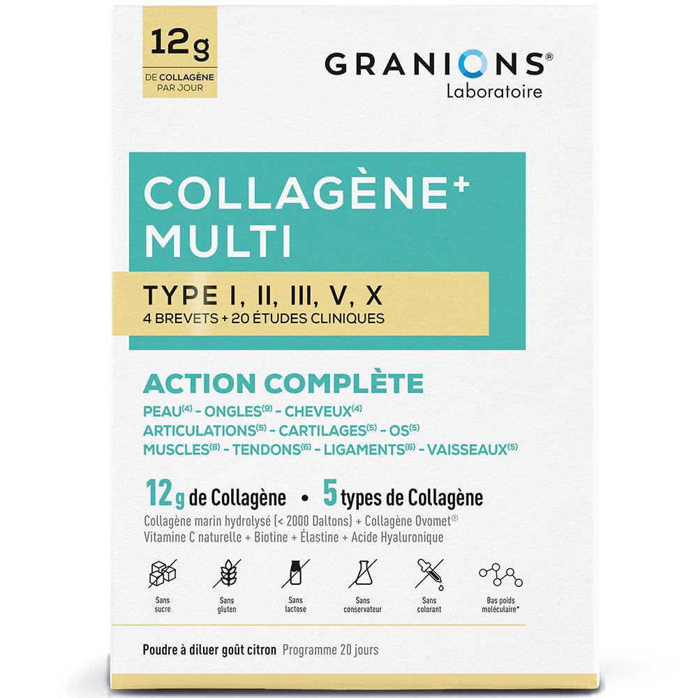 Emballage GRANIONS Collagène+ Multi. Contient 12g de collagène. Poudre à diluer. Programme 20 jours.