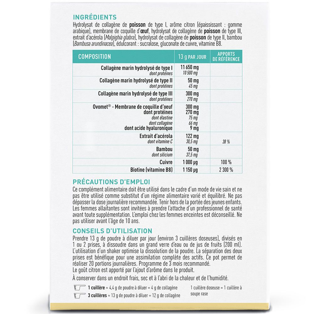Liste des ingrédients et conseils d'utilisation pour GRANIONS Collagène+ Multi. Contient collagène, vitamines et minéraux.