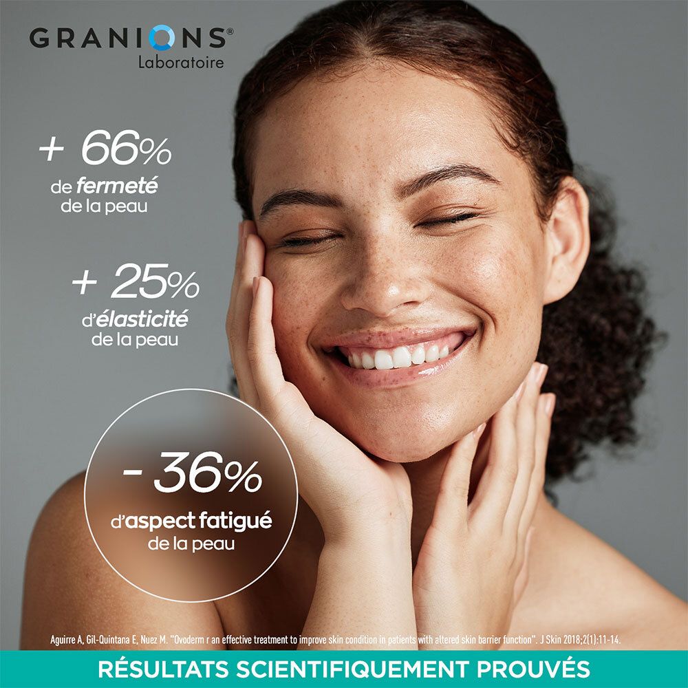 Visage d'une femme. GRANIONS Collagène+ Multi. Résultats: +66% fermeté peau, +25% élasticité, -36% aspect fatigué.