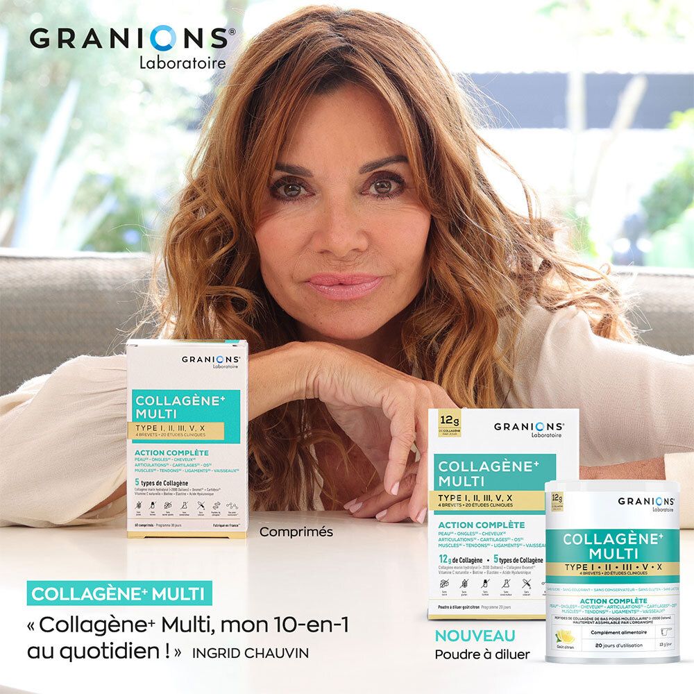 Femme avec produits. GRANIONS Collagène+ Multi. Comprimés et poudre. Produit 10-en-1.