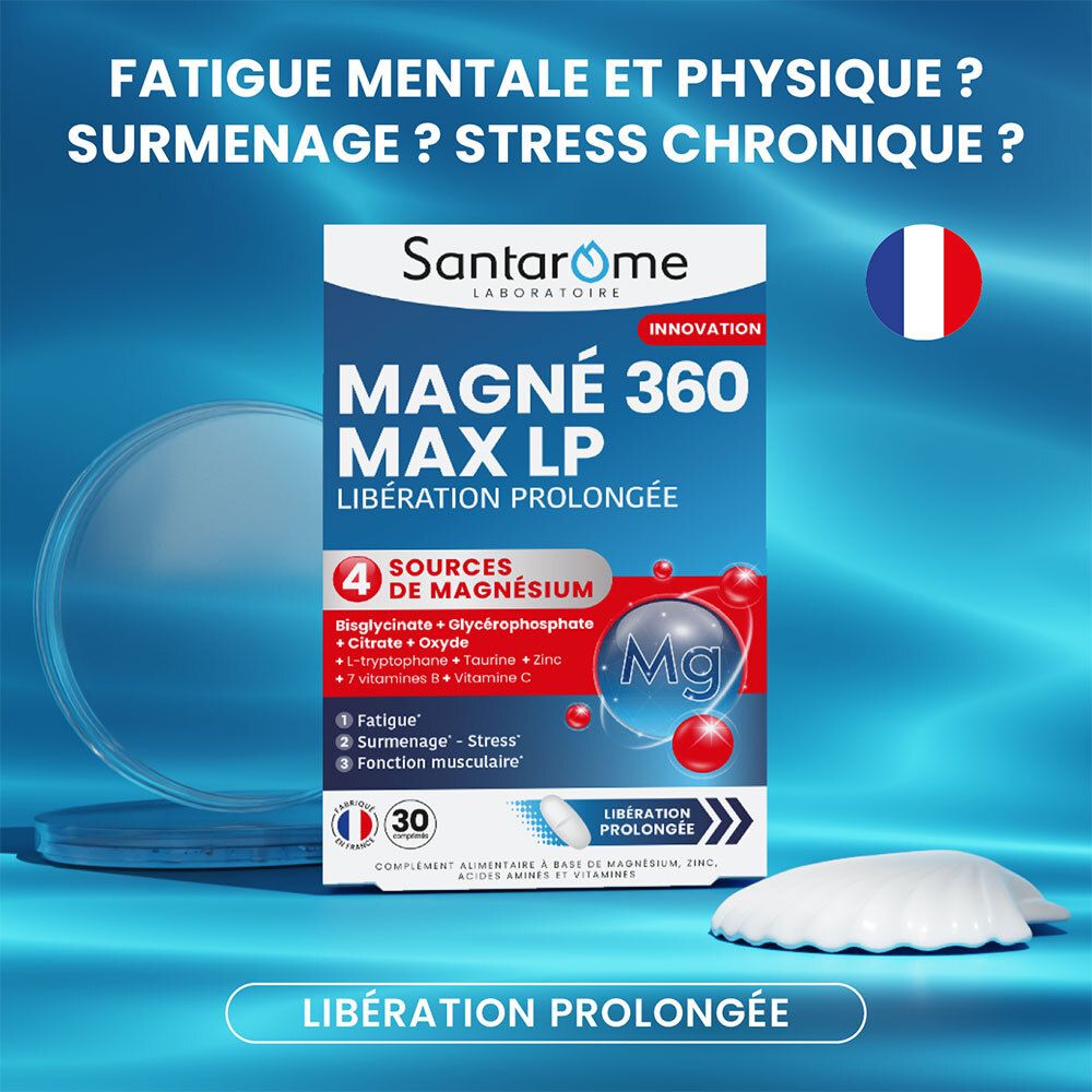 Produit Santarome Magné 360 Max LP, drapeau français. Question : Fatigue, stress ? Emballage bleu.