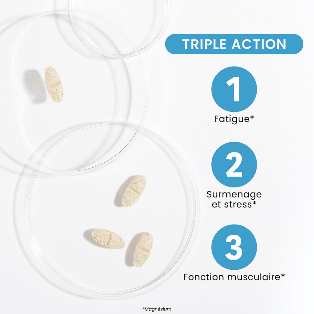 Comprimés sur plaques transparentes. Triple action : Fatigue, stress, fonction musculaire. Écriture bleue.
