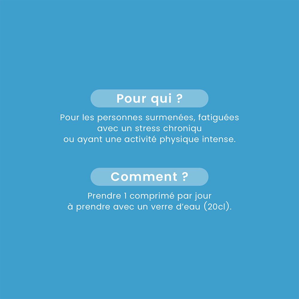 Texte sur fond bleu : Pour qui ? Pour personnes surmenées. Comment ? 1 comprimé par jour avec de l'eau.