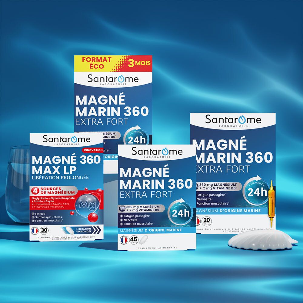 Différents produits Santarome : Magné 360 Max LP, Magné Marin 360 Extra Fort. Emballages bleus.