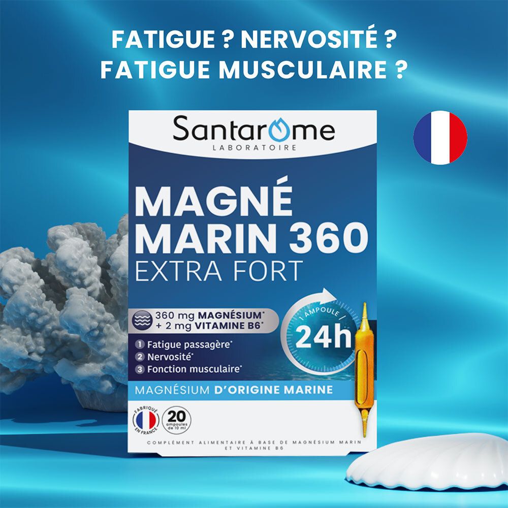 Emballage Santarome Magné Marin 360 Extra Fort. Emballage bleu avec nom du produit et informations. Drapeau français.