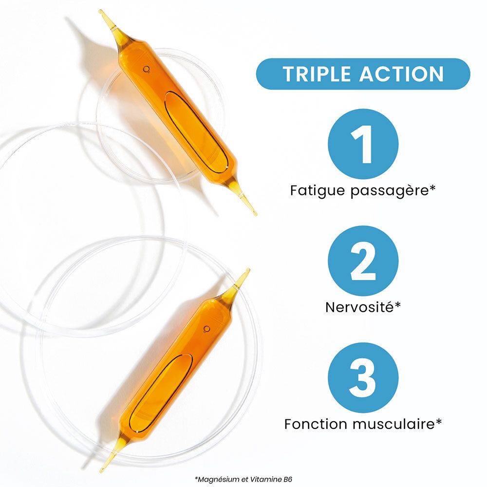 Trois ampoules, jaune-orange. Inscription : Triple Action. 1. Fatigue. 2. Nervosité. 3. Fonction musculaire.
