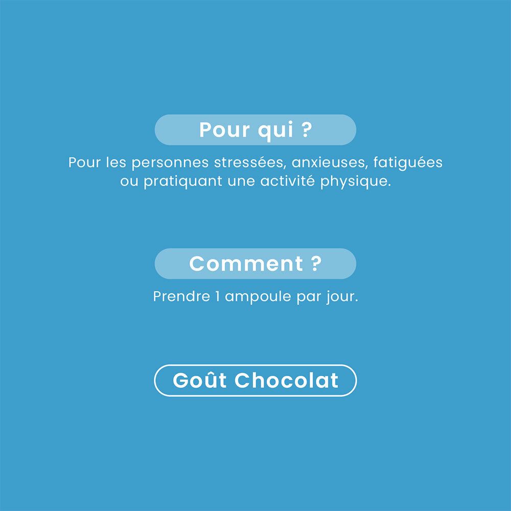 Fond bleu avec texte : Pour qui ? Pour les personnes stressées, anxieuses, fatiguées ou sportives. Goût chocolat.