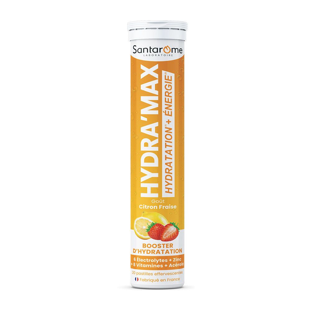 Tube Santarome Hydra'Max. Inscription: Hydra'Max Hydratation + Energie, goût Citron Fraise. Avec citron et fraise.