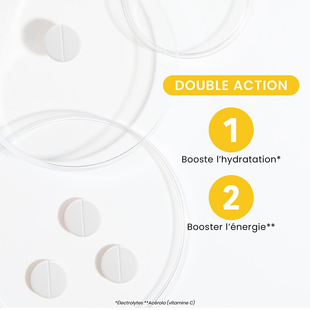 Gros plan sur des comprimés. Texte: Double Action. 1. Boost l'hydratation. 2. Boost l'énergie.