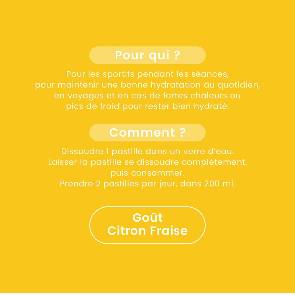 Fond jaune avec texte: Pour qui ? Comment ? Goût Citron Fraise. Instructions d'utilisation.