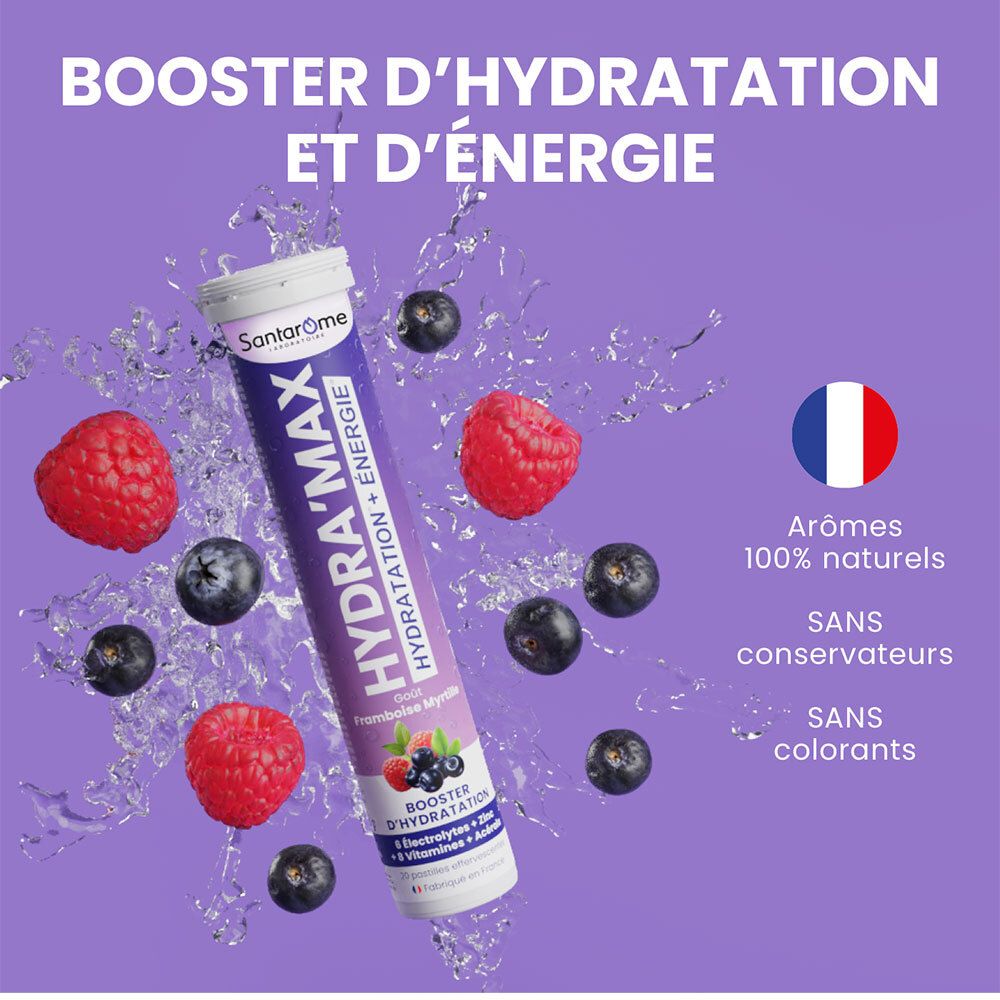 Publicité pour Santarome Hydra'Max. Framboises, myrtilles et tube de produit. Texte: Booster d'Hydratation et d'Énergie.