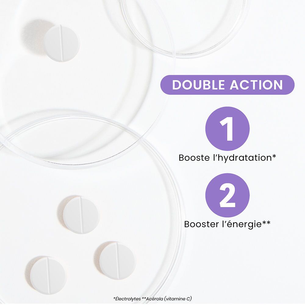 Graphique avec comprimés et texte: Double Action, Booste l'hydratation, Booste l'énergie.