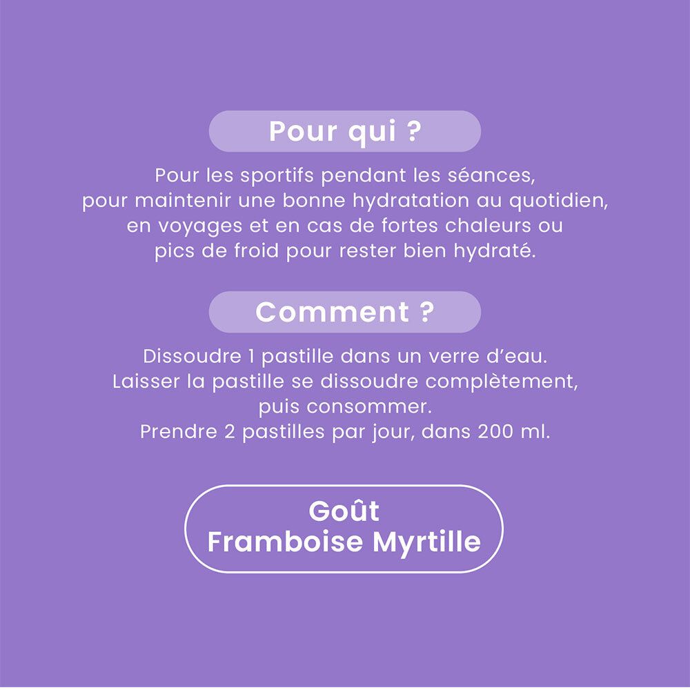 Texte sur fond violet: Pour qui ?, Comment ?, Goût Framboise Myrtille. Instructions d'utilisation.