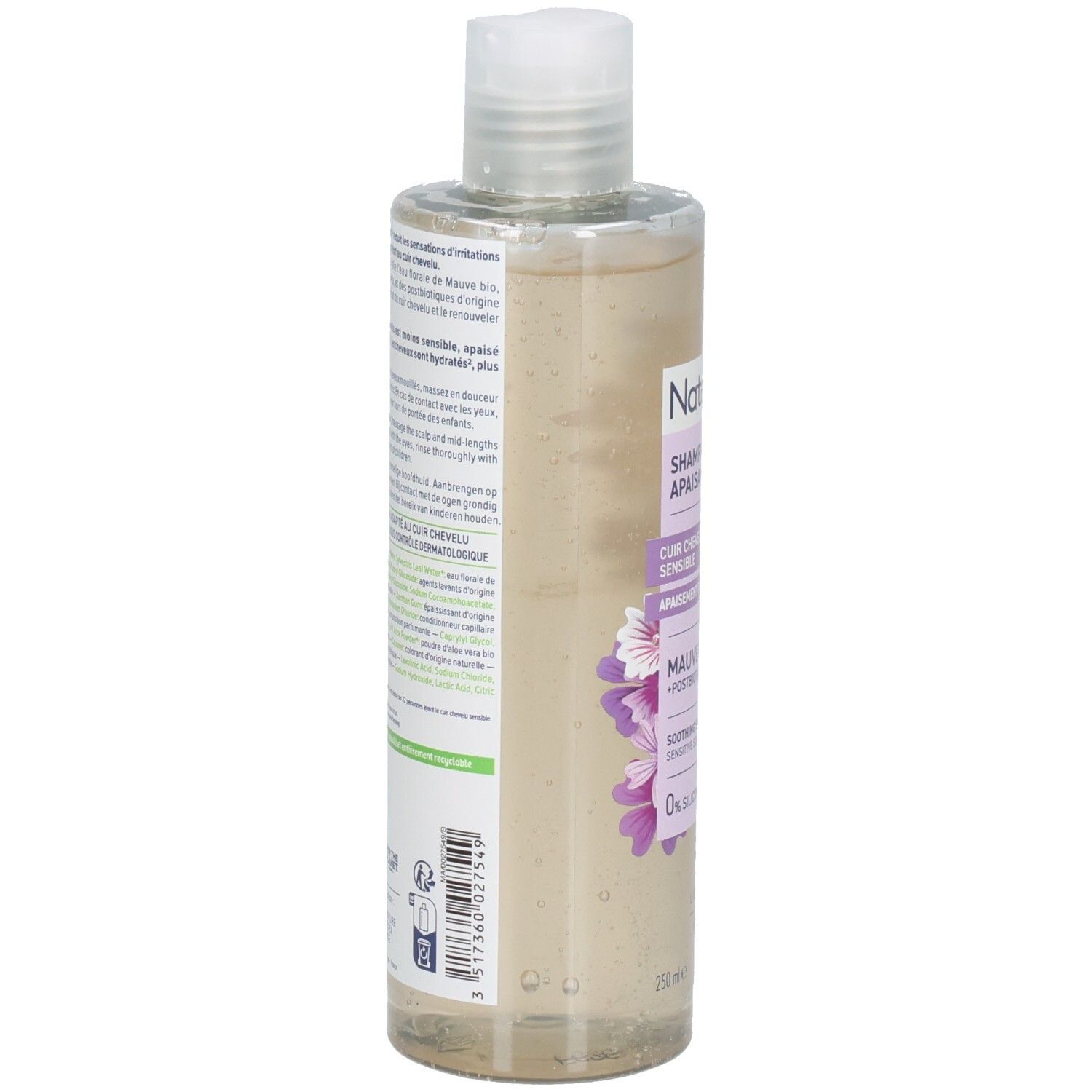 Dos du flacon de shampooing. Texte en français. Informations sur le produit et ingrédients.