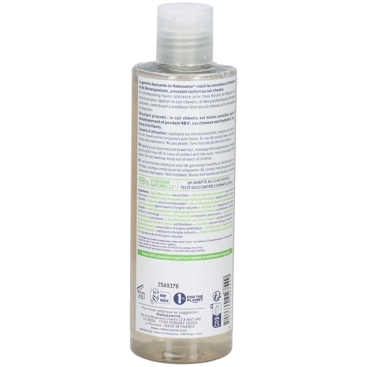 Dos du flacon de shampooing. Texte en français. Informations sur le produit et ingrédients.