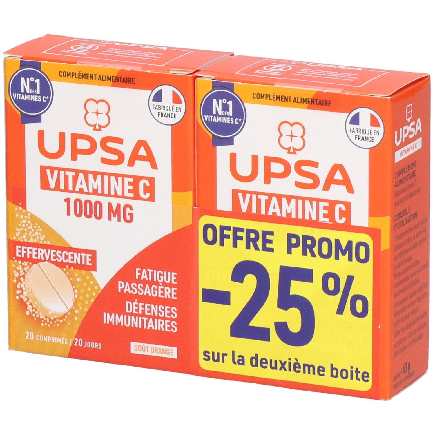Deux boîtes orange UPSA Vitamine C 1000 MG. Inscription: Effervescent, Offre promo -25% sur la deuxième boîte.