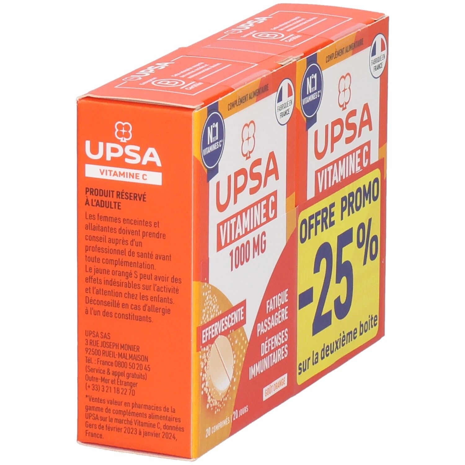 Boîte orange UPSA Vitamine C 1000 MG. Inscription: Effervescent, Offre promo -25%. Drapeau français.
