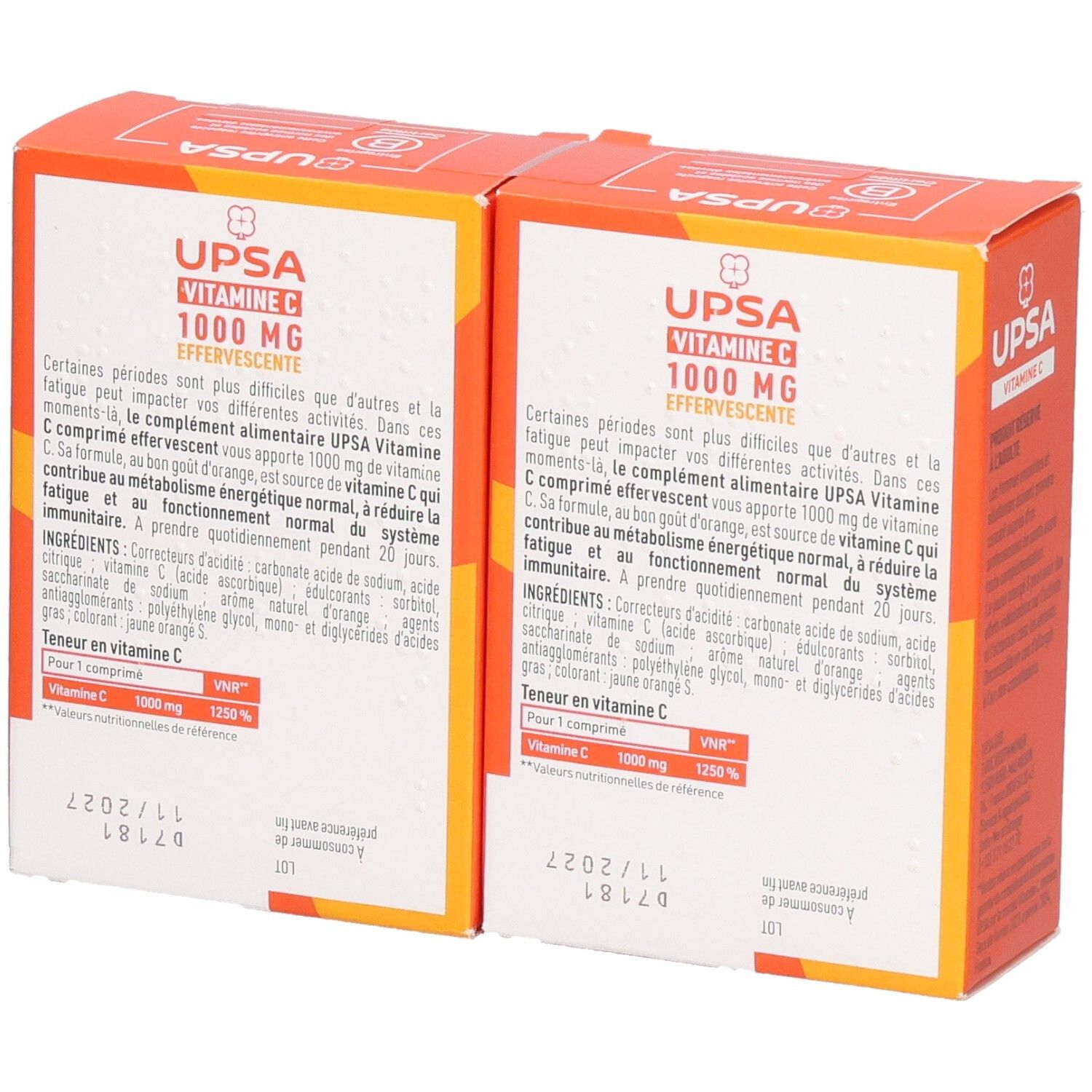 Deux boîtes UPSA Vitamine C 1000 MG. Dos avec ingrédients et date de péremption. Orange.