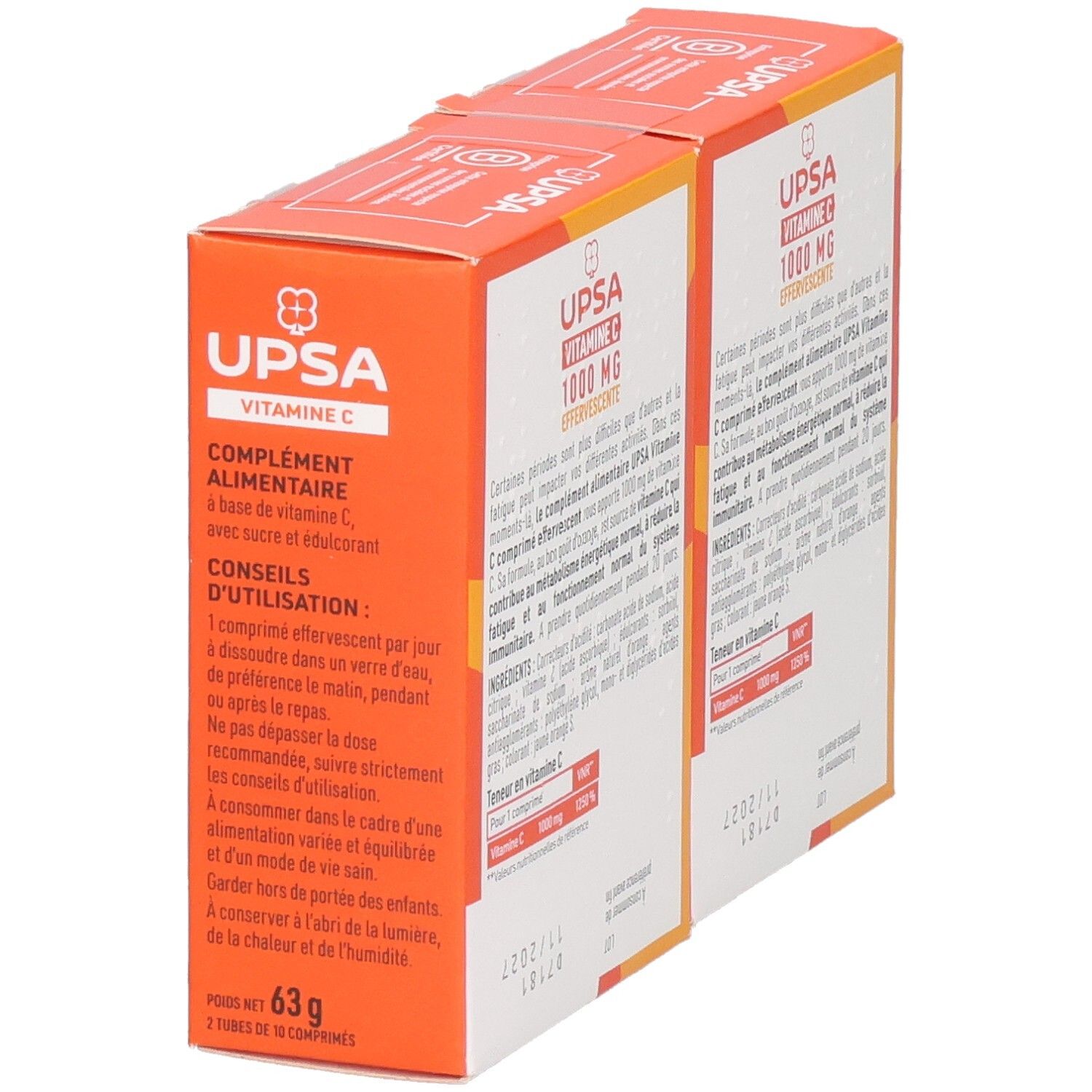 Deux boîtes orange UPSA Vitamine C 1000 MG. Inscription: Conseils d'utilisation, 63g, 2x10 comprimés.