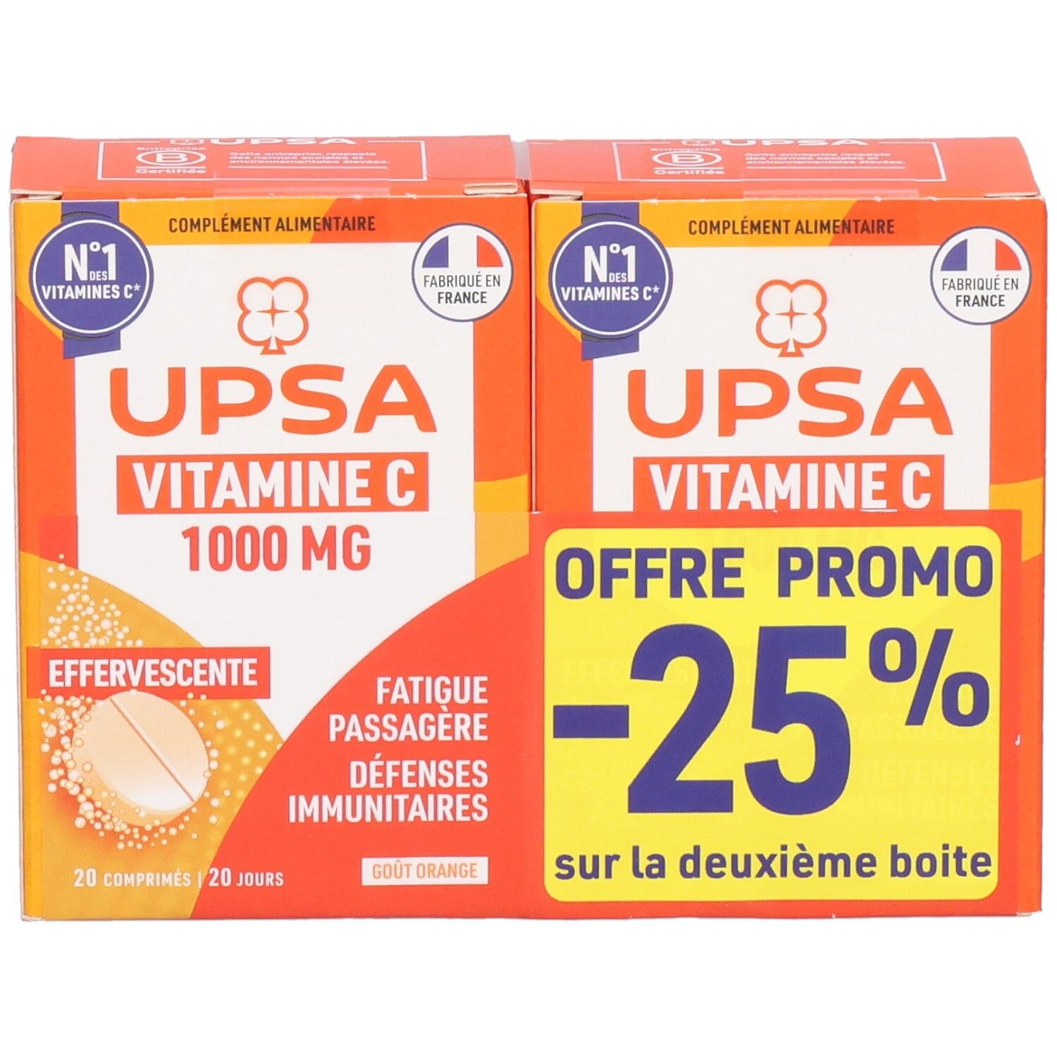 Deux boîtes orange UPSA Vitamine C 1000 MG. Inscription: Effervescent, Offre promo -25% sur la deuxième boîte.