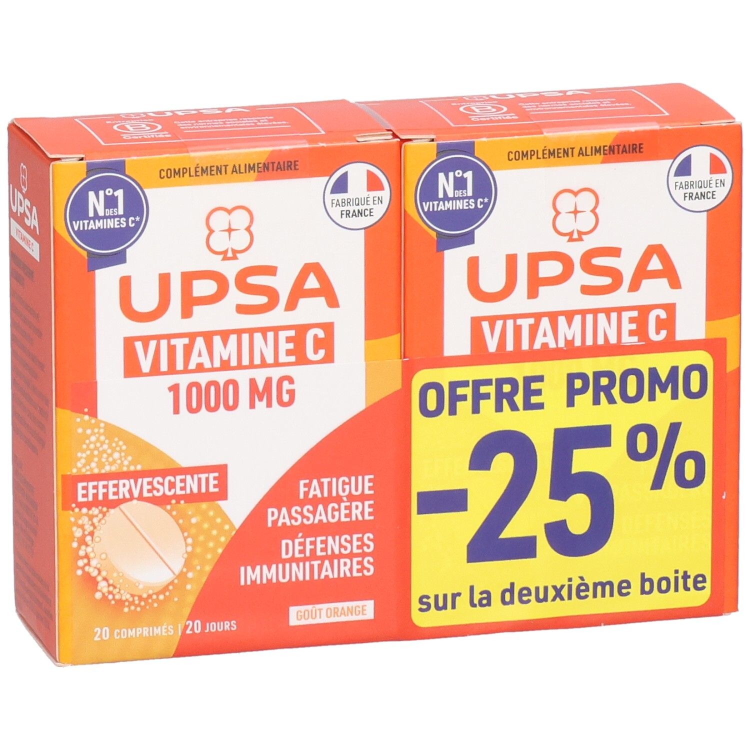 Deux boîtes orange UPSA Vitamine C 1000 MG. Inscription: Effervescent, Offre promo -25% sur la deuxième boîte.